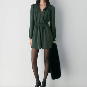 Dark Green Tie Neck Ruffle Collar casual <b>skirt</b> Long Sleeve <b>Elastic</b> Waist Flowy Mini Dress Casual Chic A-Line Office Date Night - Product Image 2