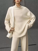 Ensemble deux pièces en cachemire 100 % pour femme, tricot côtelé vertical, haut en maille oversize à col cheminée, pantalon droit, tenue décontractée et confortable