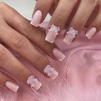 24 faux ongles à presser en acrylique, style French Cat Eye, avec strass 3D et nœuds, finition blush doux, couvrance totale, avec colle