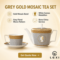 Service à thé LEXI gris à motifs floraux et mosaïque dorée, théière, tasse, soucoupe, motif en relief en porcelaine fine avec silhouette camée blanche, service à café