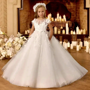 sachin and babi light blue dress Elegant V-Neck Lace Appliques Flower Girl Dress Puff Tulle First Communion Dresses Formal Princess Dress Wedding Dress, White / 6 main image 1