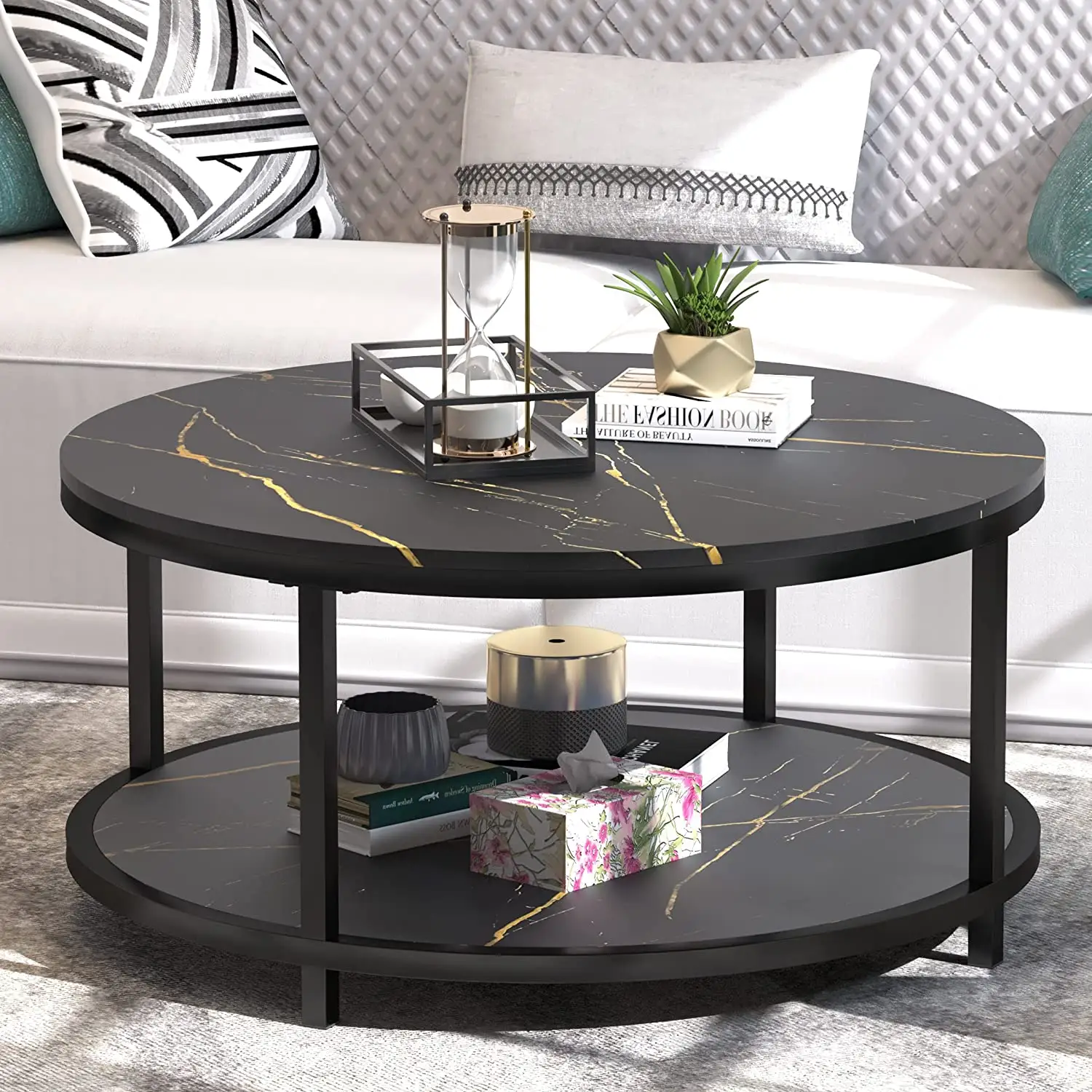 Круглый черный журнальный столик из искусственного мрамора, Цельный металлический каркас, ножки, коктейльный столик с открытой полкой для хранения, для гостиной
