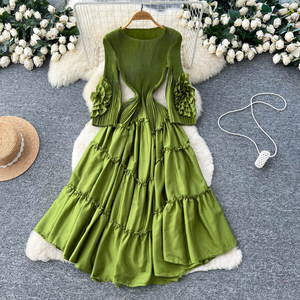 Vestido con Volantes y Decoración Floral para Mujer, Manga Larga, Cintura Plisada, Estilizador, Falda Amplia con Gran Vuelo - Product Image 1