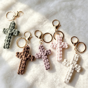 Cotton Hand Crochet Cross <b>Key</b> <b>Ring</b> Woven Cross Pendant Keychain Lobster Clasp Backpack Charm For Christian Gift - Product Image 4