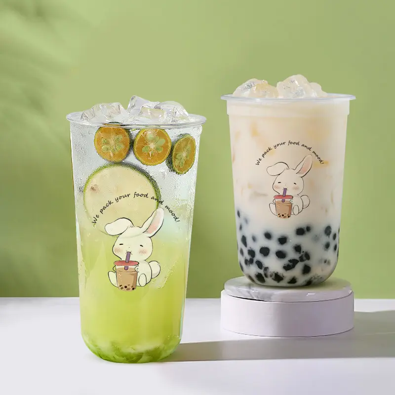 LOKYO Customized transparent to go fruit tea boba cup 16oz u shape plastic disposable cup with lids