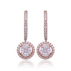Boucles d'oreilles pendantes en or rose 18 carats avec halo de diamants naturels, boucles d'oreilles de luxe en diamants fins pour femmes, cadeau d'anniversaire de mariage - Product Image 1