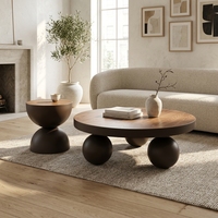 Table basse de salon de style américain en MDF, en bois, fabriquée à la main, finition brune, forme ronde, avec base en boule