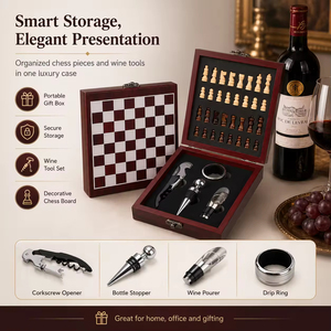 Coffret Cadeau Luxe 2-en-1 Échecs et Vin – Kit Complet d'Outils à Vin et Pièces d'Échecs – Cadeau Unique pour Anniversaire ou Anniversaire <span class=keywords><strong>de</strong></span> Mariage - Product Image 1