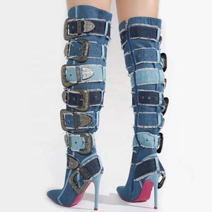 Custom Metal Belt Buckles Women Over Knee High Boots Slim Heels Denim Long Booties Sexy Punk Blue Stiletto Dress <b>Shoes</b> - Product Image 4