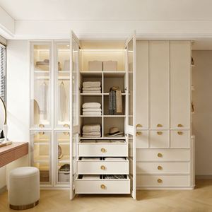 Armoire de rangement de chambre à coucher en bois massif BALOM, style crème personnalisé, avec étagères et tiroirs réglables - Product Image 4