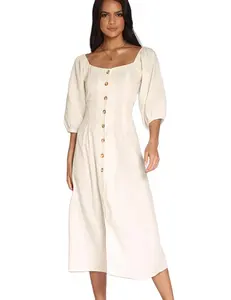 Sommer Freizeit kleidung White Puff Sleeves Quadratischer Ausschnitt Midi Cotton Leinen Kleid Frauen