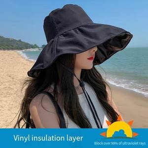 <b>Women</b> <b>Summer</b> Wide Brim Bucket <b>Hat</b> Solid Color Polyester Beach Sun Protection UV UPF 50 Foldable Casual <b>Hat</b> for Adults - Product Image 2