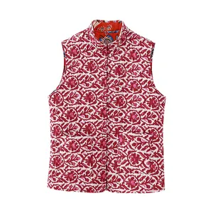 Red color floral print stand collar both side wearable casual fashion winter vest for women