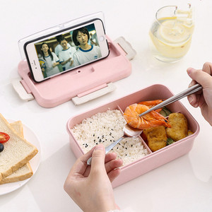 SANS BPA Alimentaire À <span class=keywords><strong>3</strong></span> <span class=keywords><strong>Compartiments</strong></span> Boîte À <span class=keywords><strong>Bento</strong></span> Étanche Écologique En Plastique de Paille De Blé De <span class=keywords><strong>Bento</strong></span> Boîte À Lunch Avec Cuillère Et Support de Téléphone - Product Image 1