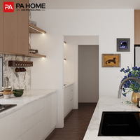 Armoires de cuisine en bois laqué de forme contemporaine, prêtes à assembler, avec îlot, robinet et plan de travail en résine