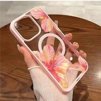 Coque de téléphone magnétique à fleurs roses pour iPhone 16 17 Air 18 Pro Max, coque arrière classique antichoc transparente mixte
