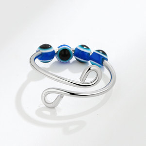 Bague anti-anxiété œil bleu avec perles rotatives, ajustable, en cuivre plaqué rhodium, anti-ternissement, empilable, vente en gros - Product Image 4