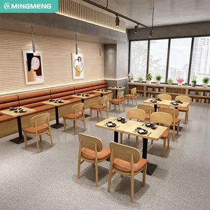 现代简约木制餐厅桌椅，适合咖啡店和带摊位座位的咖啡馆