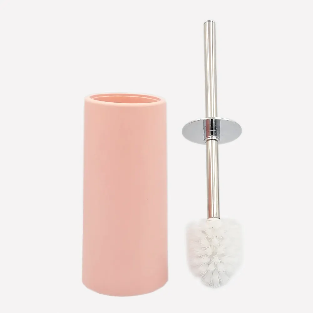 New arrival quality long metal handle toilet bowl brush with decorative pink pp cylinder shaped holder set