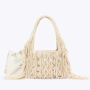 New Handmade Cotton Fabric Woven Tassel <b>Square</b> Drawstring Closure Bag Two Daily Leisure Work Seaside Vacation Tanjing - Product Image 6