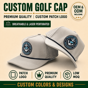 Five Panel Solid <b>Waterproof</b> Golf <b>Hat</b> Custom Silicone Emblem Low MOQ OEM Laser Perforated Breathable Eco Friendly Wear - Product Image 1