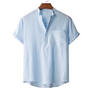 Camicia Casual da <span class=keywords><strong>Uomo</strong></span> in Cotone e Lino Tinta Unita a Maniche Corte <span class=keywords><strong>con</strong></span> Colletto alla Coreana Stile Europeo Americano Estivo <span class=keywords><strong>con</strong></span> Tasca - Product Image 2