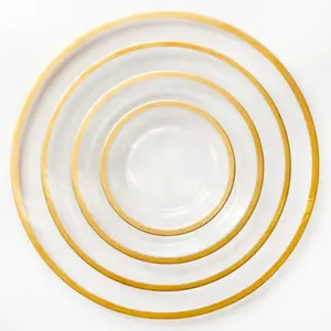 Wholesale Kitchenware Set Serving Tray Dinner Fruit Salad Gold Rim Glass Charger Plates Dishes Plate Dinnerware Sets for Wedding