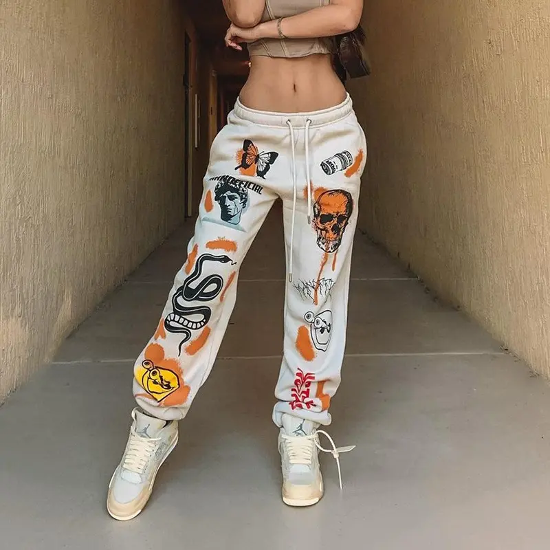 2022 Fall Women's Jogging Pants Retro Streetwear Drawstring Cargo Pants Y2K Skull Print Harajuku Cartoon Pants