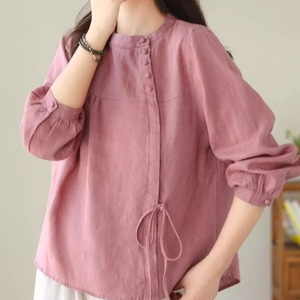 Sky Blue Cotton Linen Shirt Women Long Sleeve Loose Fit Tie Front Blouse Autumn Everyday Wear - Product Image 2