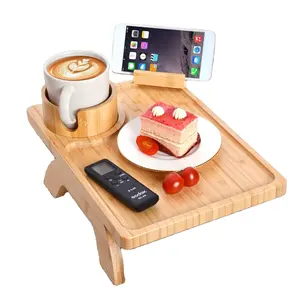 Foldable Sofa Arm Tray with 360 Rotatable Phone Holder Bamboo Couch Arm Table