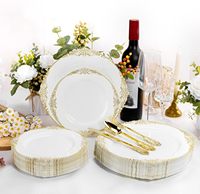 Assiettes jetables vintage en plastique PS transparent doré pour 50 invités, fêtes, mariages, événements de remise de diplômes