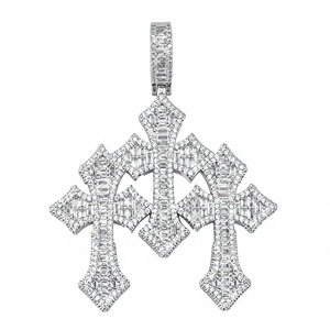 Pendentif triple croix en moissanite couleur D VVS1, serti de baguettes et de rondes, style hip-hop, bijoux religieux - Product Image 1