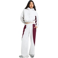 Ensemble de survêtement personnalisé KY Wholesale Y2K : Sweat à capuche court zippé gris et bordeaux à blocs de couleur et pantalon de survêtement ample à jambes larges