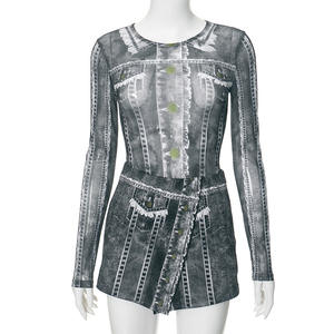 New Fashion Casual Fall Autumn Spring Long Sleeve Sexy Club 2 Piece Set Full Print Mesh Women Two Piece Mini Skirt Set <strong>Outfits</strong> - Product Image 2