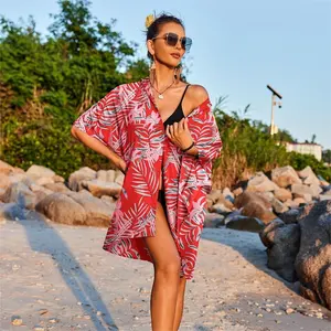 فستان نسائي من الرايون 100% بتصميم مخصص لقميص عطلة الصيف مطبوع طباعة رقمية كاجوال بأكمام قصيرة للشاطئ