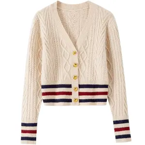 Preppy Spring Autumn Original Design Women Knit Sweater Cardigan Jacquard V Neck Knit Coat Long Sleeve Vintage Preppy Style Sweater