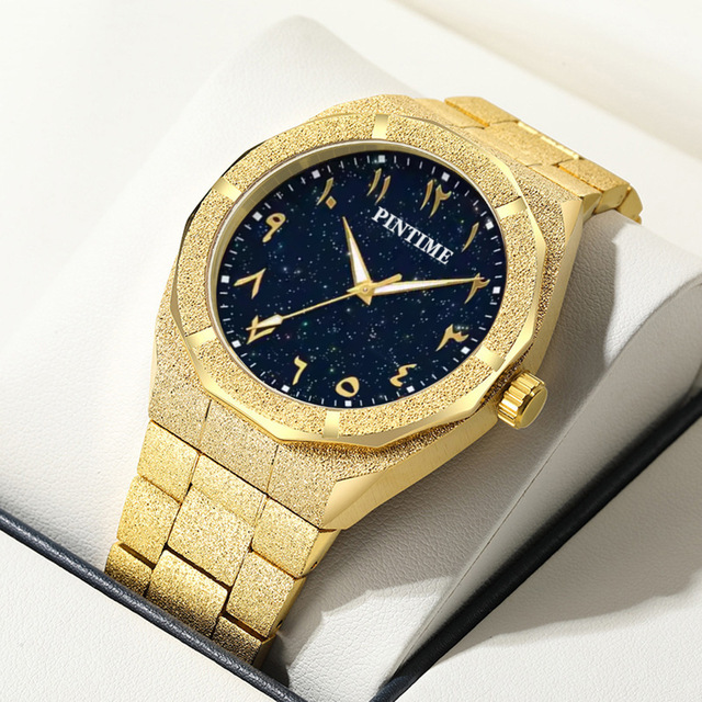 PINTIME Fashion Gold Men's Arabic Dial Quartz Stainless Steel Watch Gift Set Waterproof Compass Custom Wrist Watch