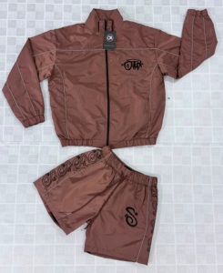 Clothing Manufacturer Custom Nylon Windbreaker <b>Y2K</b> Reflective Pattern Full Zip Mock Neck Shorts Men's <b>Tracksuit</b> Set - Product Image 3
