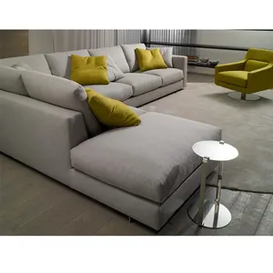 Sofá de madeira estilo europeu, travesseiro relinável com 3 lugares de tecido moderno cinza para sala de estar, decoração de sala de estar com chaise