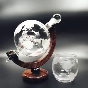Handcrafted Larger Etched 850ml Glass Whiskey Wine Water Glass Globe Decanter Gift Set Glassware With Wood Base