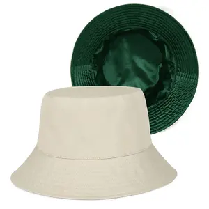 Logo brodé personnalisé 3d en coton/polyester, doublure en soie de satin brillant, chapeaux de seau de pêche avec intérieur en satin