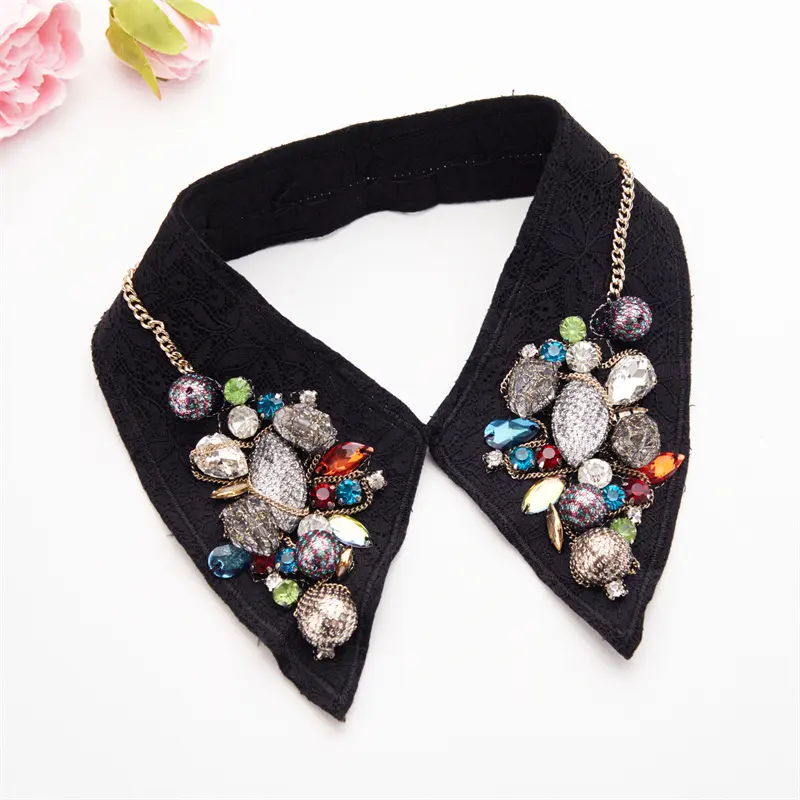 New arrivals ren thêu tay khâu Rhinestone pha lê hạt cổ áo với áo len giả áo sơ mi cổ áo