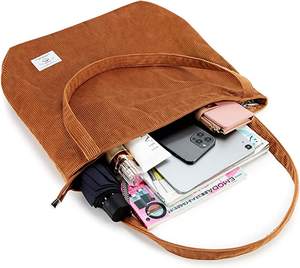 Bolso de mano de pana para mujer, bolso de mano informal con cremallera, bolso de hombro de gran capacidad con bolsillos - Product Image 6