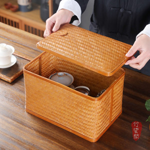 <b>Bamboo</b> Woven Basket With Straps Rectangle Lacquered Storage Box For Kitchen Use - Product Image 5