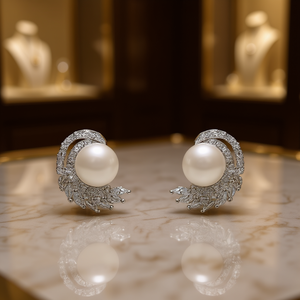 Boucles d'oreilles en or blanc E3467 avec perles d'imitation et diamants taille marquise, design floral, pour mariage, bijoux femme - Product Image 2