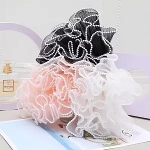 Luxury 28cm*5Y Wave Spray Yarn Mesh Flower Wrapping Paper with Pearl Decoration for Flower Shop