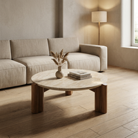 Table basse ronde en travertin naturel, écologique et durable, avec pieds en bois massif, style moderne minimaliste Wabi-Sabi, table de salon