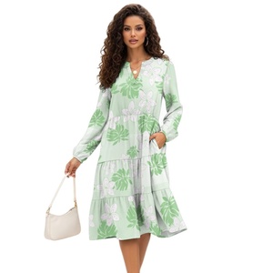 Stile vacanza isola hawaiana ibisco <span class=keywords><strong>Ulu</strong></span> foglie Design stampa personalizzata con scollo a V in vita Patchwork abiti a maniche lunghe donna - Product Image 1