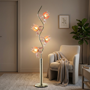 Lampadaire artistique Lotus, poteau doré en forme de S, pétales en acrylique translucide rose-orange, lumière LED chaude pour la décoration intérieure - Product Image 1