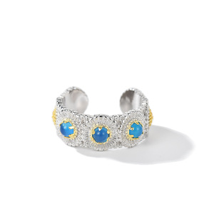 Blue Daisy Ring Gold Plated Two Tone Adjustable Unisex Jewelry Gift - Product Image 2